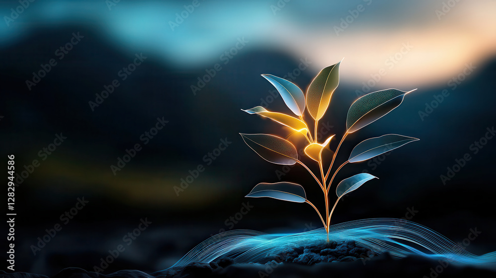 Aufkleber futuristic neon hologram tree with radiant leaves glows against blurred background, creating mesmeri