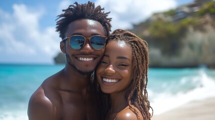 Obraz premium joyful couple embracing on a scenic beach sharing a romantic moment filled with love happiness and warmth during a peaceful summer vacation