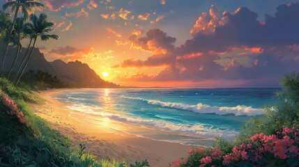 An anime-style Waikiki Beach sunset, ocean waves sparkling in vivid colors, the golden sun casting warm light on the sand, lush greenery and tropical flowers enhancing the tranquil setting. --ar 16:9