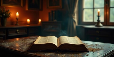 An Open Book Rests on a Dusty Table in a dimly lit room, illuminated by the soft glow of candlelight emanating from several antique candle holders.
