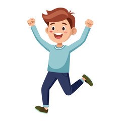 Happy boy jumping up in air. Excited joyful teenager celebrating, flying in air in dynamic energetic emotional pose with fists, arms gesture. Flat vector illustration isolated on white background