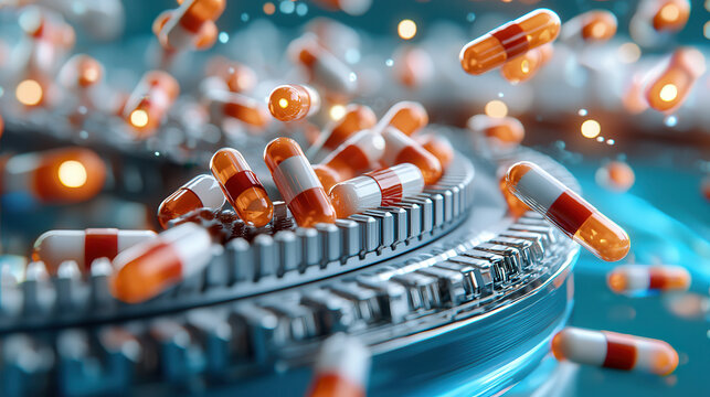 Futuristic medicine assembly with glowing digital pills moving on conveyor belt, showcasing innovation in pharmaceutical technology