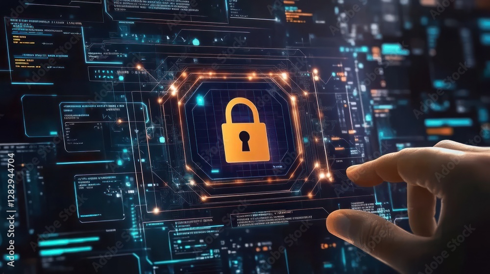 Poster digital security lock with data streams in background