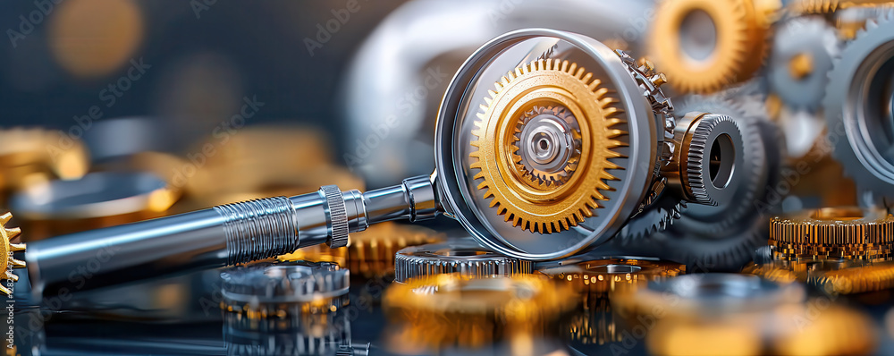 Aufkleber golden and silver gears in motion viewed through magnifying glass, showcasing intricate mechanical d
