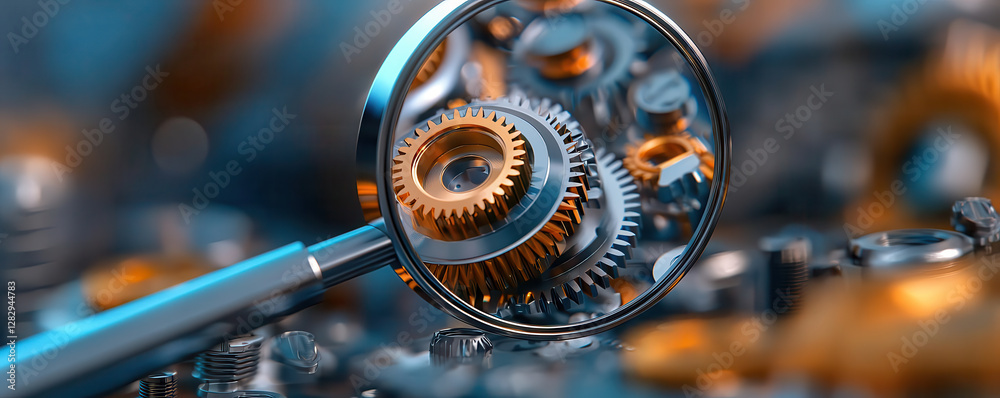 Aufkleber golden and silver gears in motion viewed through magnifying glass, showcasing intricate mechanical d