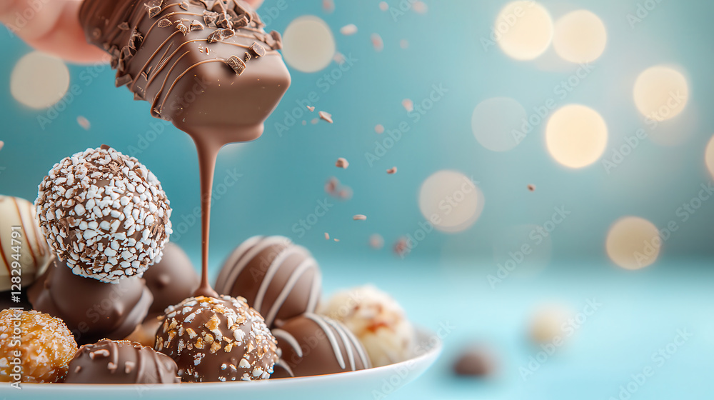 Poster hand drizzles molten chocolate over assorted gourmet truffles on plate, creating decadent and indulg