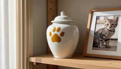 White Ceramic Pet Memorial Urn with Golden Paw Print and Framed Picture of a Playful Striped Kitten, Representing Loss and Remembrance