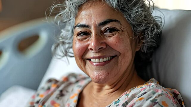 Portrait of a smiling senior Hispanic woman in a hospital bed, generative AI