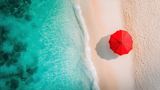 Relaxing beach scene with red umbrella tropical coastline aerial view serene environment summer vibes