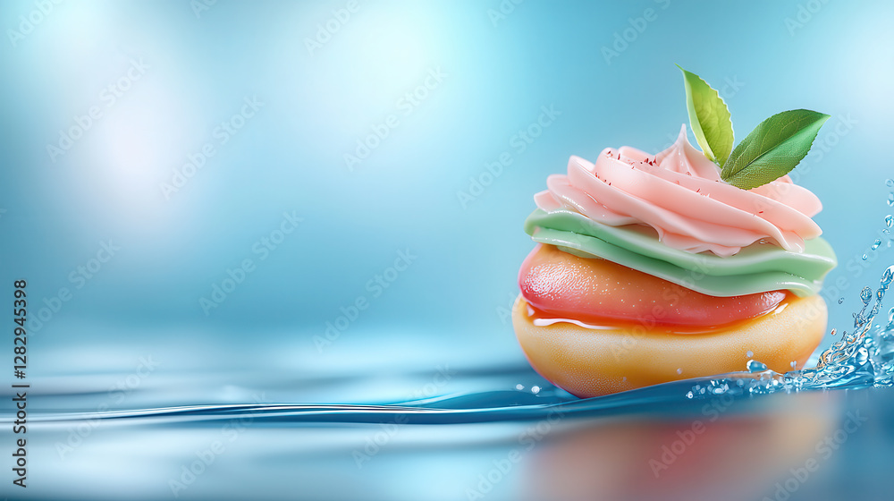 Poster vibrant, holographic dessert with glowing neon layers and delicate leaf garnish floats on serene wat