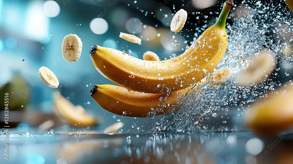 Fototapete bananas and slices floating in mid air with water splashes, creating dynamic and fresh scene. vibran