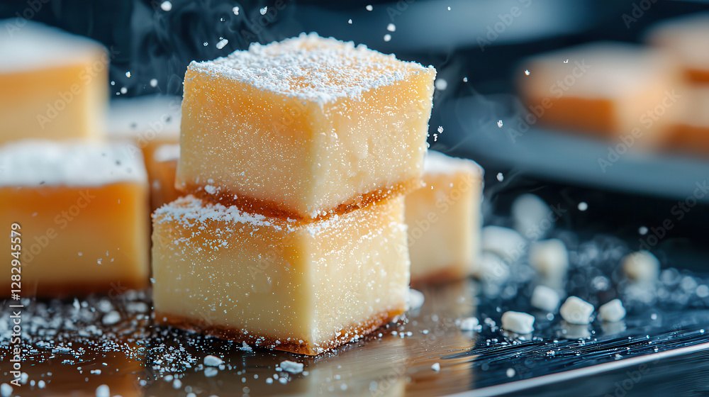 Poster Steaming butter cubes dusted with powdered sugar on reflective surface