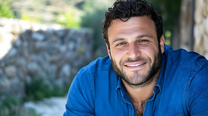 Smiling man portrait, outdoors, near stone wall, countryside background. Ideal for websites, blogs, and advertising needing a friendly, approachable male image