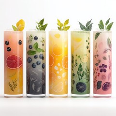 Fototapeta premium Five Colorful Fruit Infused Drinks in Tall Glasses on White Background