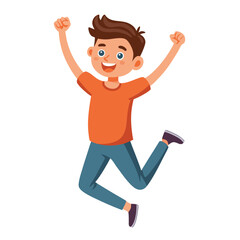 Happy boy jumping up in air. Excited joyful teenager celebrating, flying in air in dynamic energetic emotional pose with fists, arms gesture. Flat vector illustration isolated on white background