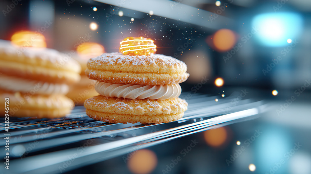 Poster glowing holographic cookie with cream filling is displayed on cooling rack, surrounded by futuristic