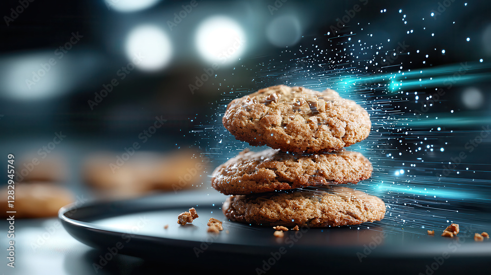 Poster stack of cookies infused with glowing data streams on plate, creating futuristic and digital ambiance. cookies appear appetizing and are surrounded by dynamic, holographic effect