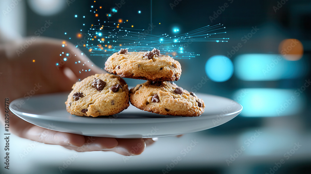 Poster hand holds plate of chocolate chip cookies infused with glowing data streams, creating futuristic and digital ambiance