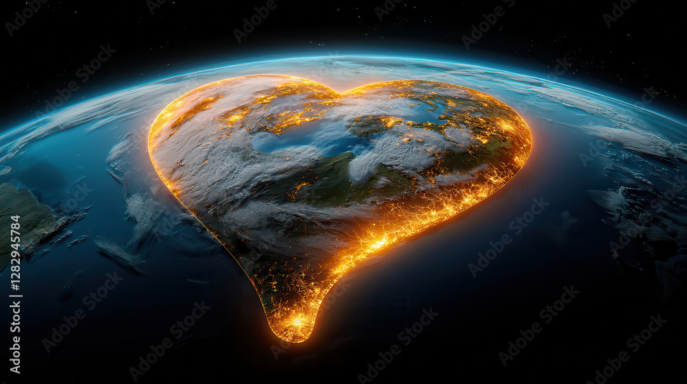 Aufkleber heart shaped earth glows with bioluminescent light, symbolizing love and unity. vibrant illumination