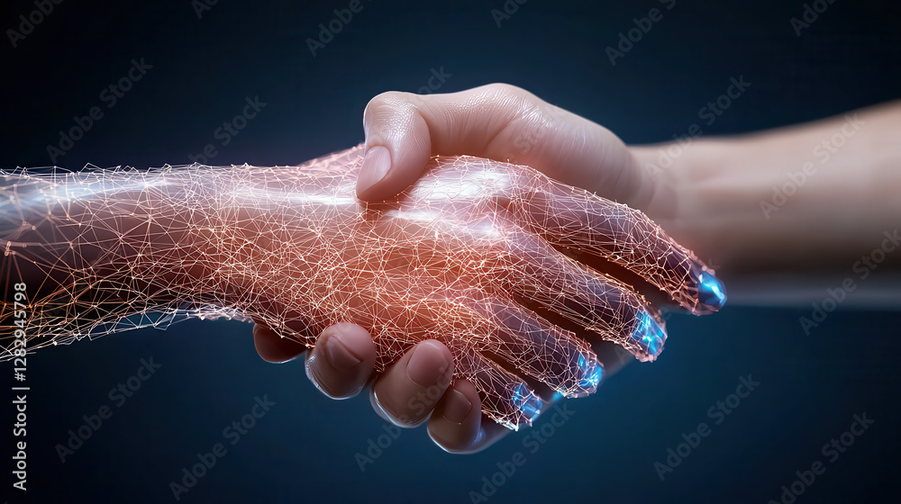 Aufkleber glowing wireframe digital handshake between human and holographic hand symbolizes futuristic collaboration and technology integration