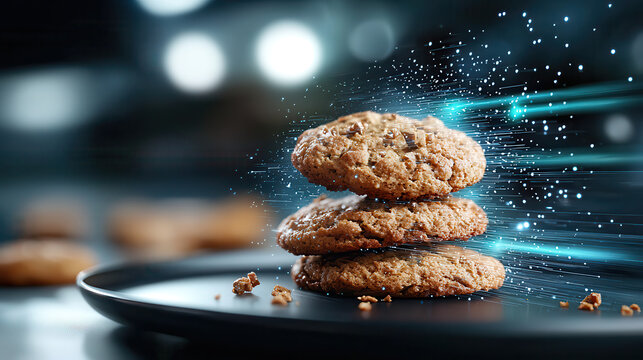 stack of cookies infused with glowing data streams on plate, creating futuristic and digital ambiance. cookies appear appetizing and are surrounded by dynamic, holographic effect