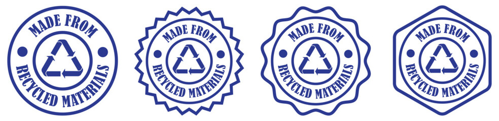 Made from recycled materials - badge for sustainable made products and clothes on white background. Eco friendly label with recycle sign. Made from recycled materials stamp. Vector illustration