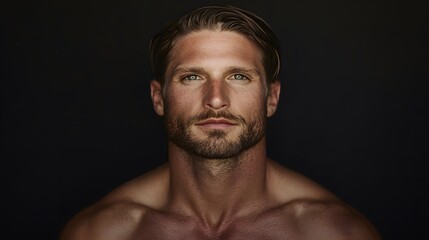 Fototapeta premium man with a slicked-back hairstyle, styled in a classic 1920s fashion, isolated on a black background. The hair is combed back smoothly, exuding an air of timeless elegance with a dramatic backdrop. 