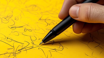 Close-up of a hand writing on yellow paper with a black pen.