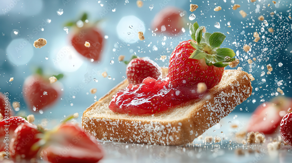 Fototapete slice of bread with strawberry jam and fresh strawberries floating in mid air, surrounded by crumbs and splashes, creating dynamic and vibrant scene