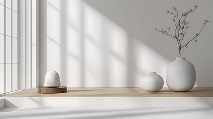 Minimalist interior featuring modern vases on wooden shelf by window