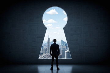 Obraz premium Man in front of large keyhole with cityscape background