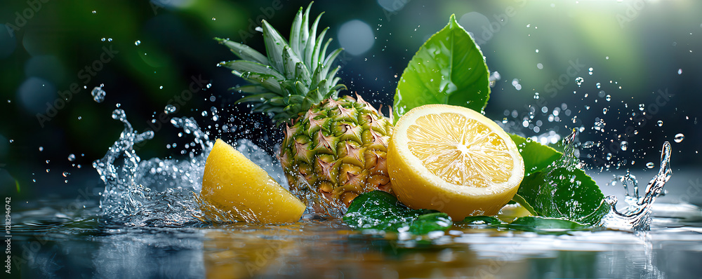 Aufkleber hyper realistic image of sliced lemon and whole pineapple with geometric patterns, surrounded by splashing water and green leaves, creating refreshing and vibrant scene