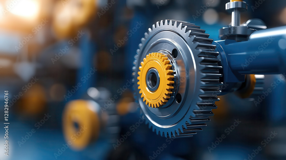 Poster hyper detailed engineering concept featuring magnified rotating cogwheel with intricate gear mechani