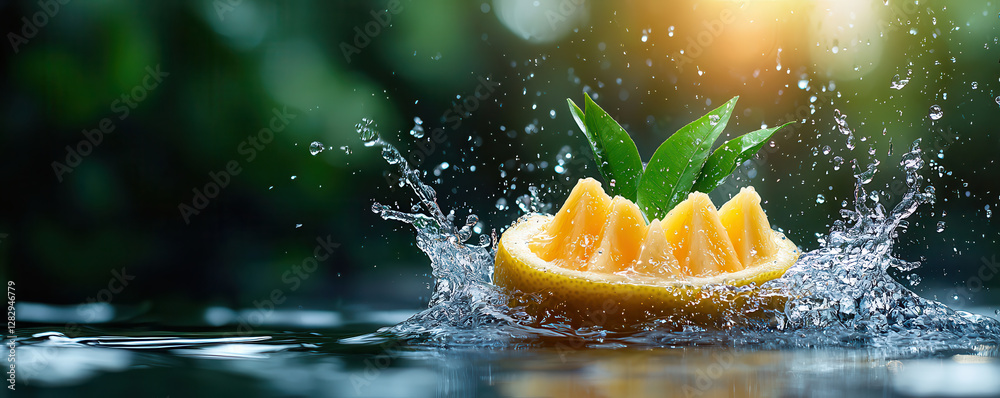 Poster hyper realistic image of sliced lemon with geometric pineapple like segments splashing into water, s