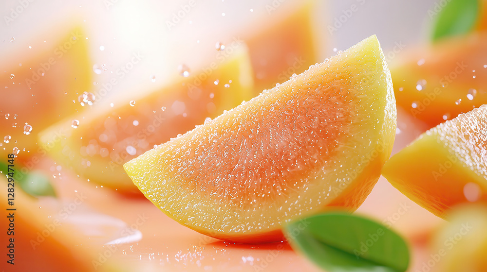 Poster slices of ripe papaya with fresh green leaves and water droplets create refreshing and vibrant compo