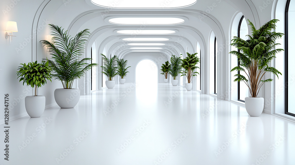 Aufkleber serene, monochromatic hallway with potted plants and arched windows creates tranquil atmosphere. inf