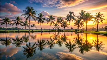 Obraz premium Palm trees standing tall in serene surroundings of a peaceful lake at sunset in Bali Indonesia, balinese landscape, water reflection