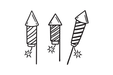 fireworks rocket doodle hand drawn icon set. Outline drawing fireworks rocket line clipart symbol collection