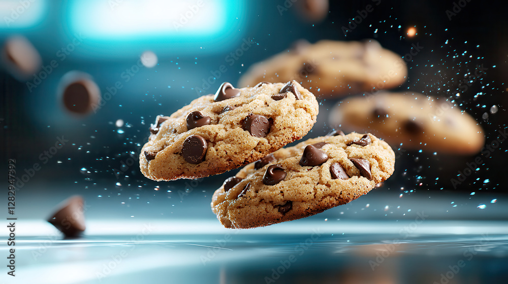 Fototapete chocolate chip cookies float in neon holographic setting, creating futuristic and whimsical atmosphe