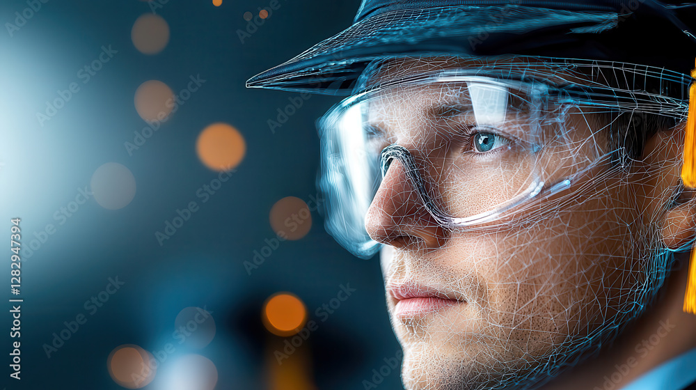 Fototapete man wearing safety glasses and hard hat is illuminated by digital light, creating futuristic and inn