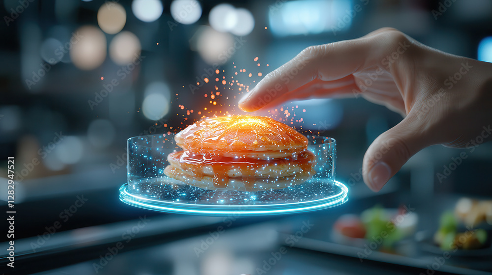 Poster hand reaches towards neon infused futuristic dessert, glowing with holographic effects, creating mes