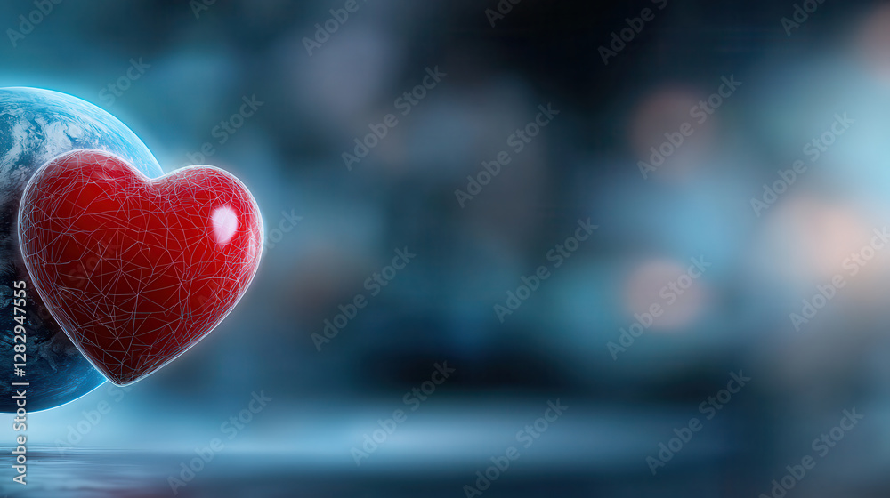 Aufkleber neon infused holographic heart shaped planet floats in space, surrounded by cosmic glow, creating fu