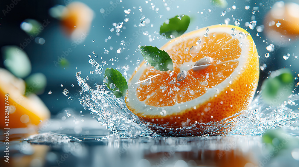 Poster vibrant splash of water surrounds half cut orange with fresh mint leaves, creating refreshing and dy