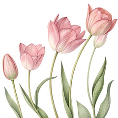Fototapeta premium A series of beautifully illustrated pink tulips, each with distinct petals, leaves, and stems.