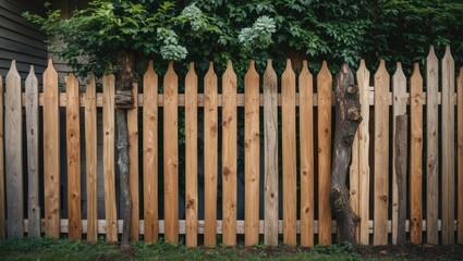 Fototapeta premium wooden fence with alternating light and dark wooden planks surrounded by greenery and plants in a residential area