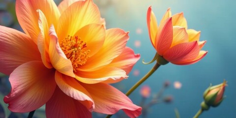 Fototapeta premium Close-up of radiant peach blossoms, delicate petals bathed in sunlight, soft focus background
