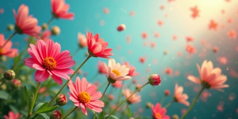 Vibrant Pink Blossoms Dancing in a Gentle Breeze Under a Sunny Sky, Petals Falling Gracefully