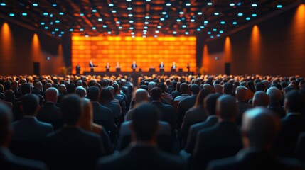 Business development conference with industry experts speaking at podiums and attendees engaging in discussions in a large hall, creating an informative and professional atmosphere.