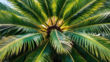 Obraz premium Close-up view of a tropical palm tree with lush green fronds and a thick trunk against a bright sky background
