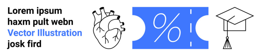 Anatomical heart, percentage sign on ticket, graduation cap. Ideal for education, healthcare, discounts, scholarships, learning wellness financial aid. Abstract line flat metaphor